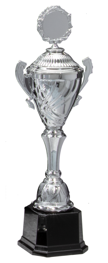 Die Trophäe „Pokale Schwabach 6-er Pokalserie 360 mm – 510 mm PK756730-6-E50“ verfügt über ein exklusives Design mit komplizierten Mustern, zwei Griffen, einem runden Emblem an der Spitze und ist auf einem hohen, schwarzen Sockel montiert.